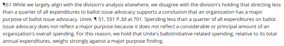 Colorado Supreme Court opinion 2026 CO 56, paragraphs 60-61: spending less than a quarter of expenditures on ballot issue advocacy does not reflect a major purpose