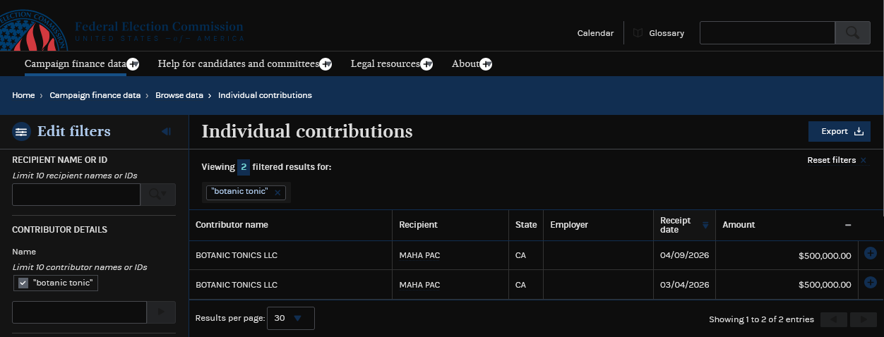 FEC individual contributions search showing two $500,000 receipts from Botanic Tonics LLC to MAHA PAC, dated March 4 and April 9, 2026